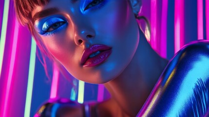 Glamorous woman with vibrant makeup and neon lights, showcasing futuristic beauty in bold colors and striking portrait photography.