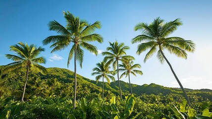 Naklejka premium Vibrant tropical landscape of palm and banana trees on a hillside, soft breeze caressing the foliage, bright blue sky above, island paradise, natural elegance