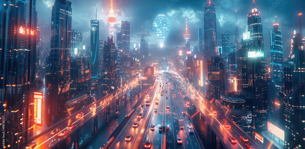Poster a futuristic city with towering skyscrapers, neon lights, and floating holograms in the sky. the cit