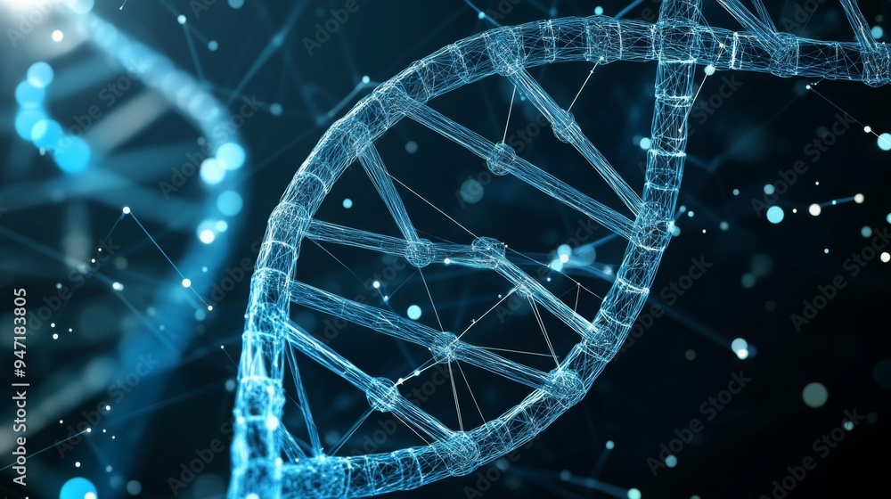 Poster geometric dna model with lines and dots connecting each segment, set against a futuristic, digital b