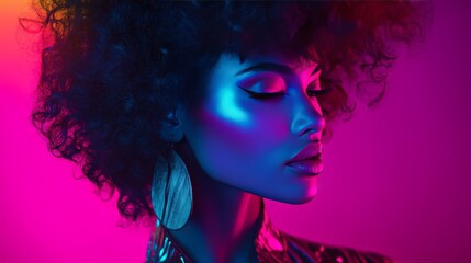Fototapeta premium Portrait of a fashionable woman with glossy makeup and vibrant neon lighting, showcasing bold style and elegance.