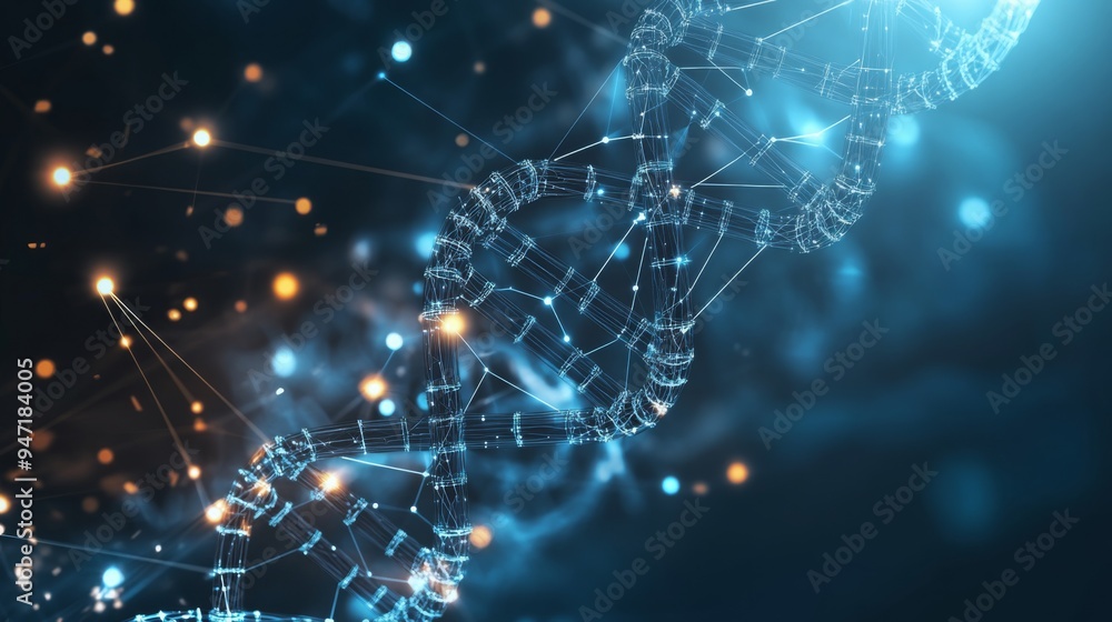 Poster geometric dna structure with interconnected lines and dots, set against a sleek, high-tech digital b