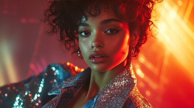 Portrait of a stylish woman with curly hair in vibrant lighting, capturing a glamorous and trendy look.