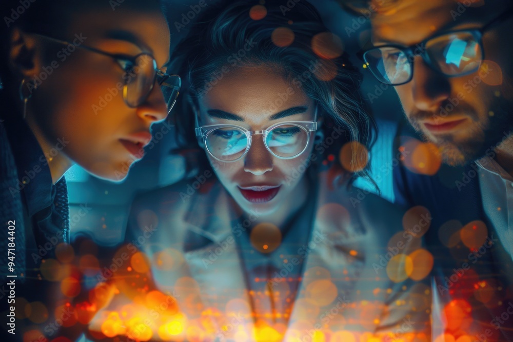 Poster group of individuals examining a cell phone, suitable for tech-related or social media concepts