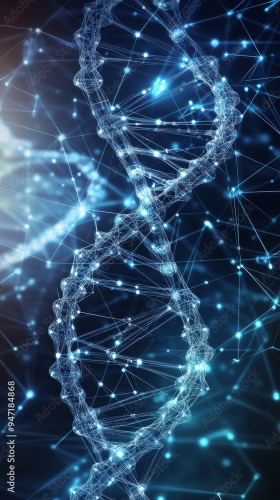 Poster geometric dna structure with interconnected lines and dots, set against a sleek, high-tech digital b