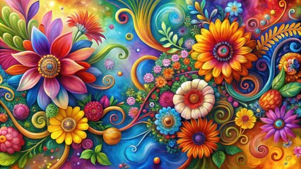 Colorful abstract floral painting showcasing vibrant flowers and swirling patterns, abstract, artwork, floral, painting