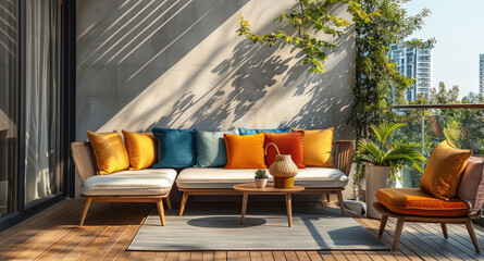 Cozy small terrace with Furniture and colorful cushions on the chairs, oak. Generative AI.