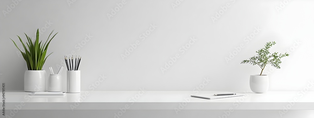 Poster pristine white office desk with minimal accessories and space for text