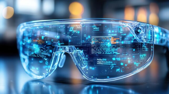 Futuristic smart glasses with digital data overlay, showcasing advanced technology and augmented reality concept