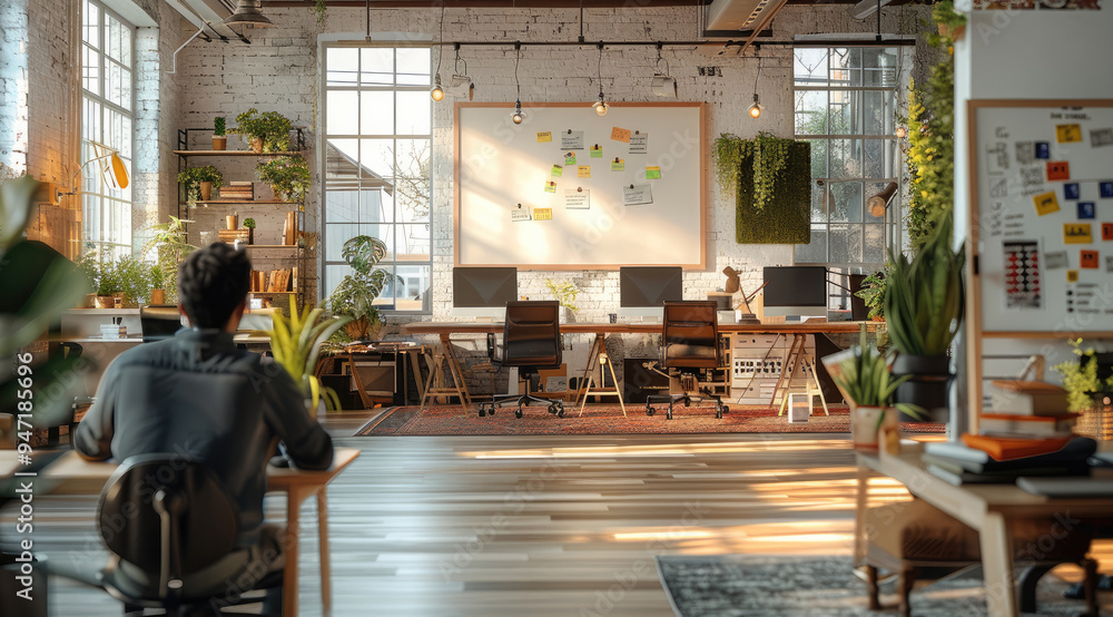Fototapete Design studio in a creative brainstorming with a focus on media production, surrounded by artistic workspace, emphasizing innovative process. Generative AI.