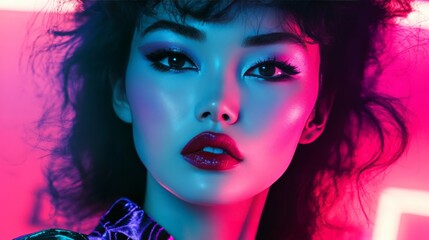 Stunning fashion portrait of a woman in vibrant neon lights, showcasing bold makeup and modern style.