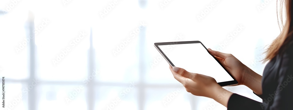 Poster professional using tablet on blank background for digital work