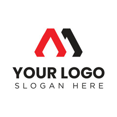 This is a simple flat logo of a letter M or letter AM in red and black color that looks bold on a white background