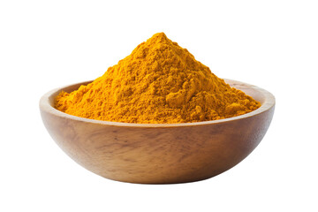 Turmeric (Curcuma) powder pile in wood bowl isolated on transparent png
