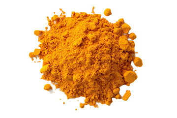 Turmeric (Curcuma) powder pile, top view isolated on transparent png