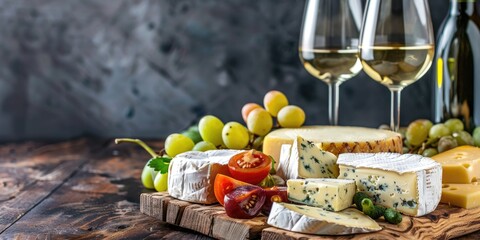 Variety of cheeses arranged on a wooden platter accompanied by white wine and an area designated for text.