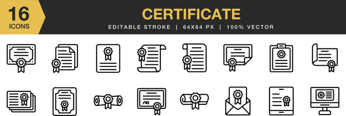Certificate icon set. Editable Stroke Icon Collection. Includes certificate icons and More. Outline icons vector collection.