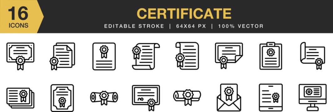 Certificate icon set. Editable Stroke Icon Collection. Includes certificate icons and More. Outline icons vector collection.