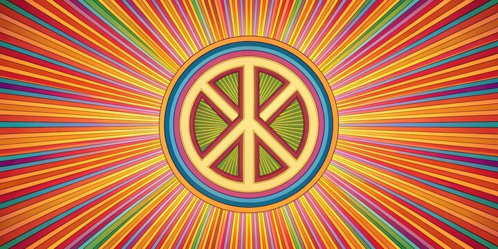 Retro 70s hippie style background with groovy peace sign, peace, love, colorful, vintage, 1970s, psychedelic, flower power, funky