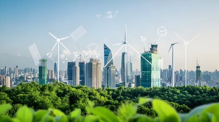 Renewable Energy Symbols Superimposed on a Serene Urban Landscape