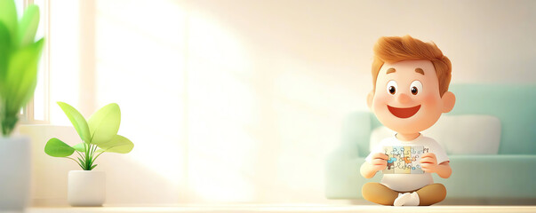 Fototapeta premium Cheerful child playing in a bright, modern living room, showcasing joy and creativity in a comfortable atmosphere.