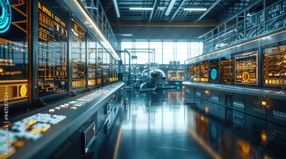 Poster A smart factory control room with advanced touchscreen interfaces and live data feeds. Generative AI.