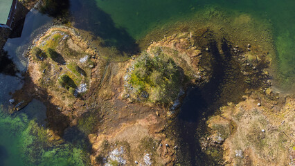 Small tidal island poking out from the water during low tide. Green moss on the rocks