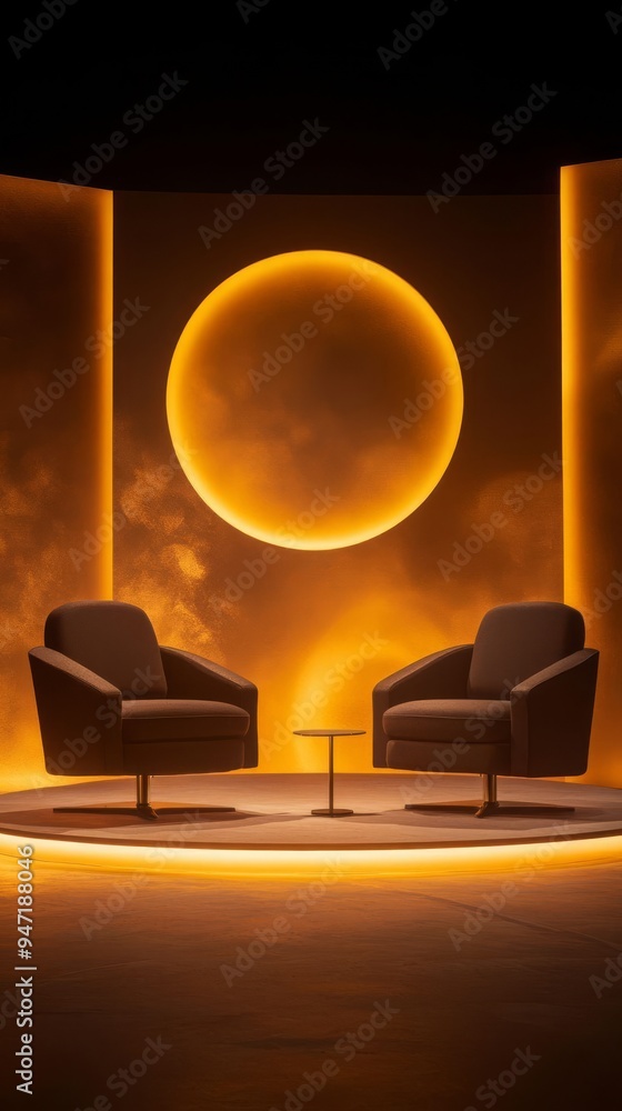 Poster engaging digital podcast studio with dynamic discussion elements and a sleek modern background for c