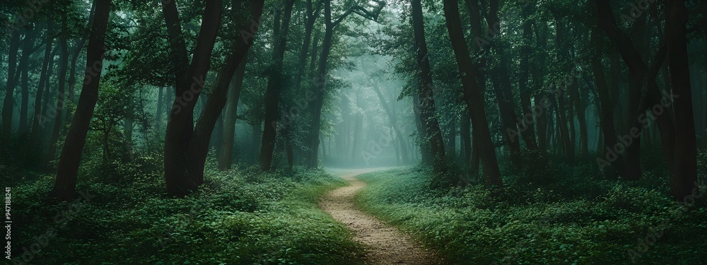 Aufkleber serene forest path leading through lush greenery and towering trees