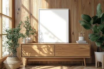 Poster Frame Mockup on Wooden Interior Background created with Generative AI