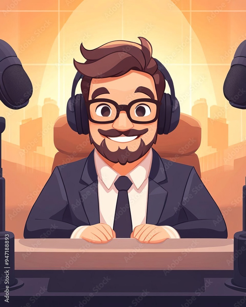 Poster engaging virtual podcast scene featuring dynamic dialogue and advanced visuals for a modern media ex