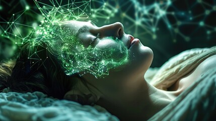 Fototapeta premium A woman lying down with their mind connected to a digital network via glowing green wires. Above them, a holographic display shows a serene. Generative AI.
