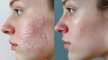 Obraz premium Skin Comparison with and without Acne Treatment Showcasing Improved Appearance