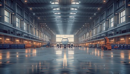 Airplane Inside Large Industrial Hangar, Morning Light