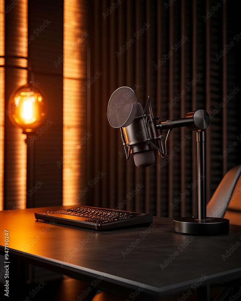 Poster futuristic podcast studio a hightech space for engaging conversations and dynamic discussions in a s