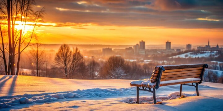 Lonely bench in serene winter cityscape at colorful sunset , winter, cityscape, skyline, lonely, bench, sunset, reflection