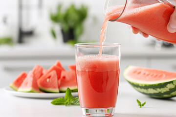 A hand pouring watermelon juice into a glass, healthy drink food diet