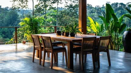 Fototapeta premium Outdoor Dining Terrace with Lush Jungle Views