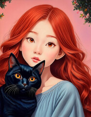 A girl with a cat in bedroom, art and fashion style.