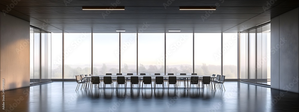 Aufkleber stylish minimalist meeting room with expansive windows and open layout