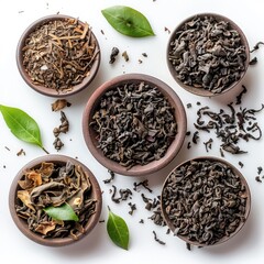 Fototapeta premium Black tea herbs in white background. Generative AI.