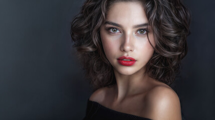 Fototapeta premium A studio portrait of a young model with dark hair. Flawless complexion. Skin care and cosmetics.