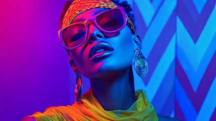 Stylish woman in vibrant neon lighting, wearing large sunglasses and headscarf, showcasing modern fashion, nightlife vibes.