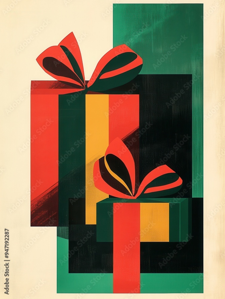 Aufkleber brightly colored gift boxes in geometric shapes are adorned with vibrant ribbons, creating a festive