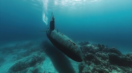 Submarine Submerged with Sonar Equipment Detecting Nearby Threats in the Ocean