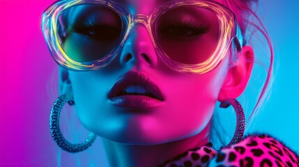 Stylish woman wearing oversized glasses, neon lights creating vibrant reflections, modern fashion concept in a creative studio setup.