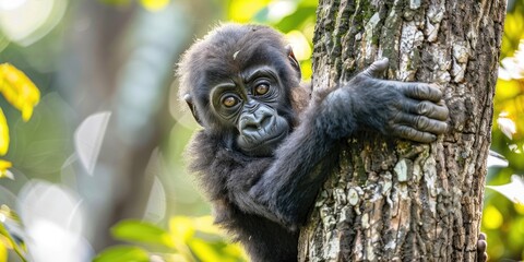 Close up of a juvenile Western Lowland Gorilla Gorilla gorilla gorilla scaling a tree