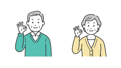OKポーズをする高齢者男女の上半身イラスト