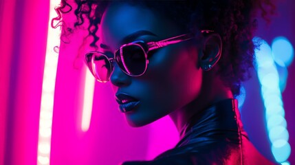 Stylish woman wearing sunglasses in vibrant neon light, embodying a futuristic and fashionable look. Perfect for nightlife and fashion themes.