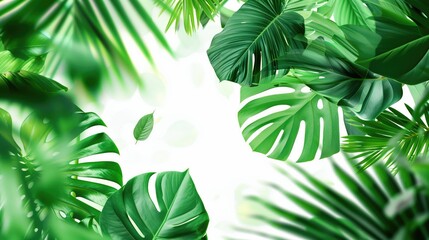 Falling Tropical Green Leaves, Jungle Island Foliage Isolated on White, Nature Organic Natural Leaf Overlay Element
